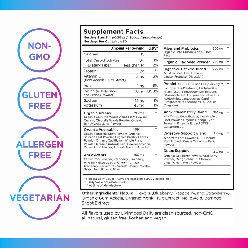 [Australia] - Livingood Daily Greens Superfood Powder (Berry) - Super Greens Powder for Gut Health - Green Juice Powder Supplement with Spirulina, Chlorella, Enzymes, & Probiotics for Liver & Digestive Support Berry 