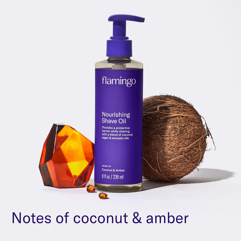 Flamingo Razor Shaving Set for Women - 5-Blade Razor, Nourishing Shave Oil, and Shower Holder - Lilac