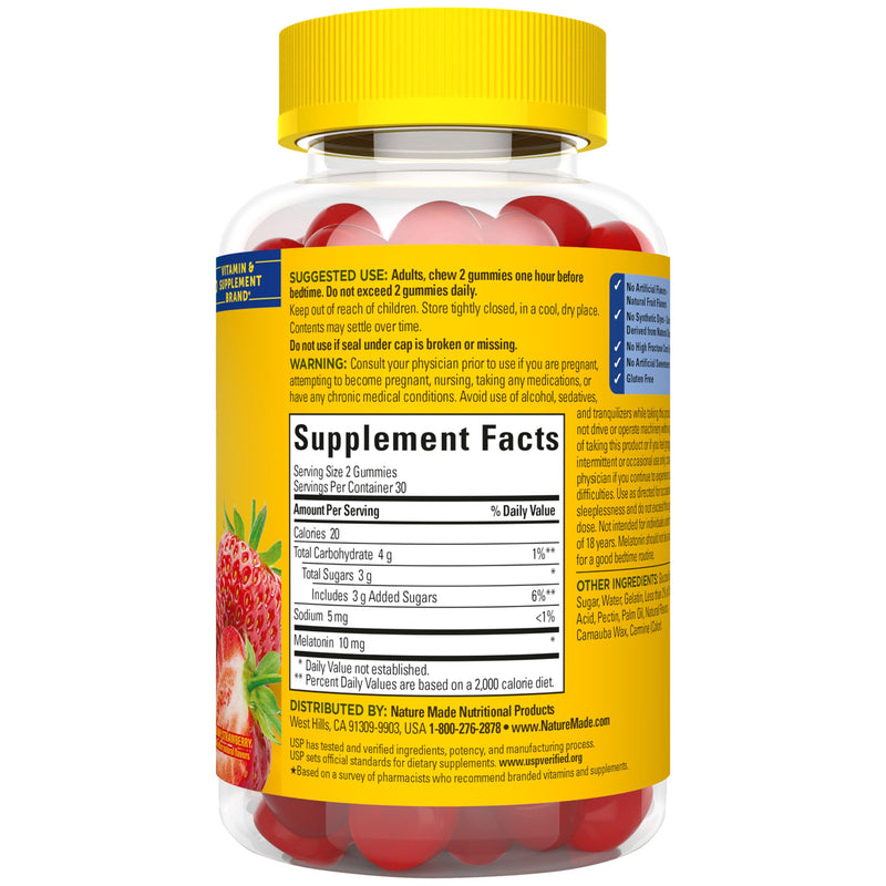 Nature Made Melatonin 10 mg per Serving Gummies, 60 Melatonin Gummies | Sleep Gummies for Adults, Maximum Strength Dosage, 100% Drug Free Sleep Aid for Adults, Strawberry Flavor, 30 Day Supply 60 Count (Pack of 1)