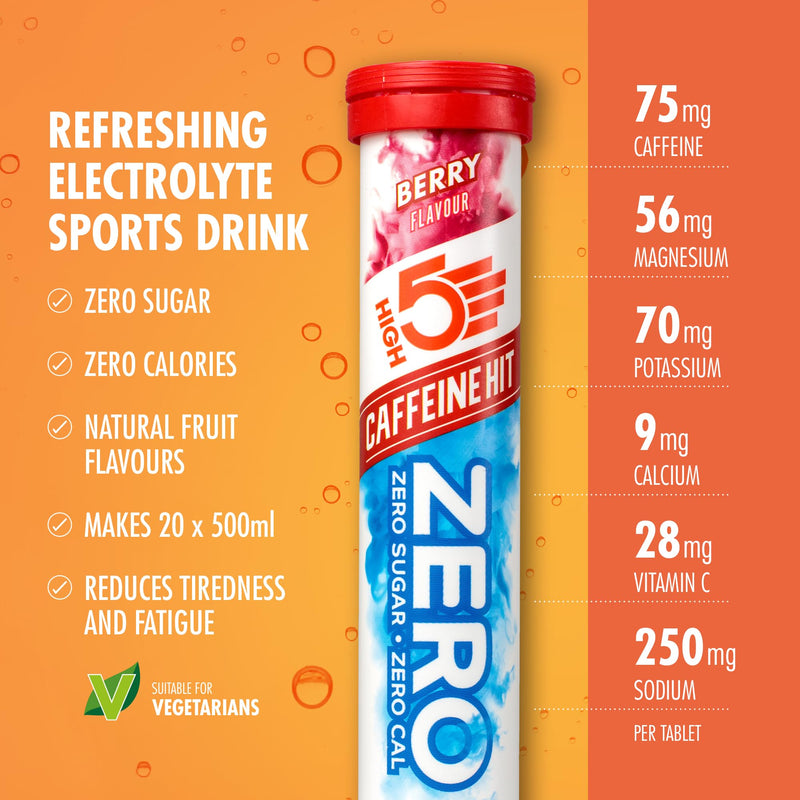 HIGH5 ZERO Caffeine Hit ElectrolyteTablet - Hydration Tablets Enhanced with Vitamin C - 0 Calories & Sugar Free - Boost Hydration, Performance & Wellness - Berry, 160 Tablets (20x, Pack of 8) 20 Count (Pack of 8)