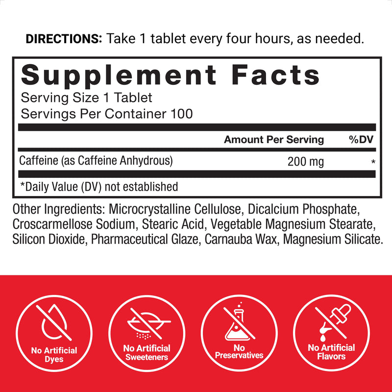 [Australia] - Force Factor Caffeine Pills 200mg, Caffeine Tablets to Boost Energy, Focus, Strength, and Performance, Premium Quality Caffeine Pills and Energy Supplement, 100 Tablets 