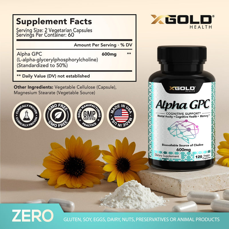 [Australia] - Alpha GPC Choline 600mg, 99% Pure Nootropic Supplement, 120 Veggie Capsules, Cognitive Enhancer for Memory, Brain Health & Focus 120 Count (Pack of 1) 