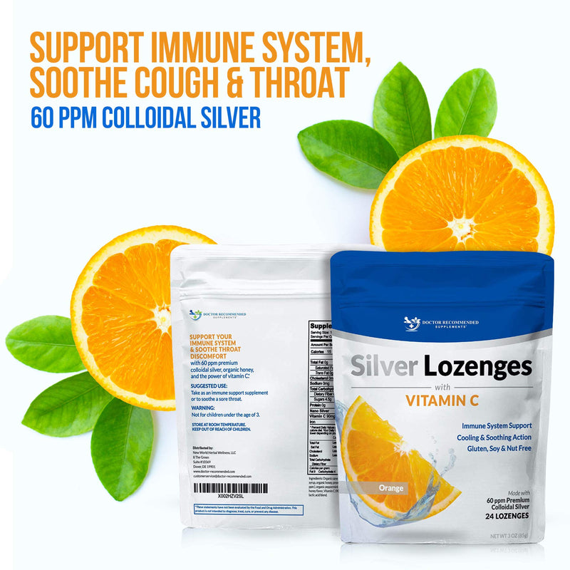 [Australia] - Silver Lozenges with Vitamin C - Premium Nano Silver 60 PPM Colloidal Silver, Organic Honey and Vitamin C Mineral Supplement Drops to Support Immune System, Soothe Cough & Throat - 24 Orange Lozenges 24 Count (Pack of 1) 