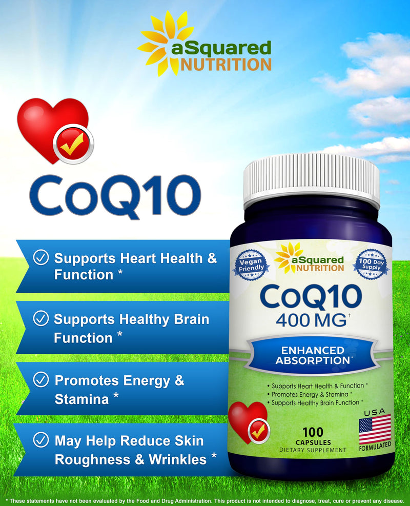 CoQ10 400mg - 100 Capsules - Co Q 10 Supplement - Coenzyme Q10 Pills - CQ10 | High Absorption CoQ 10 - Extra Strength Ubiquinone Powder - CO Q-10 Enzyme Alternative to Gummies & Softgels 100 Count (Pack of 1)