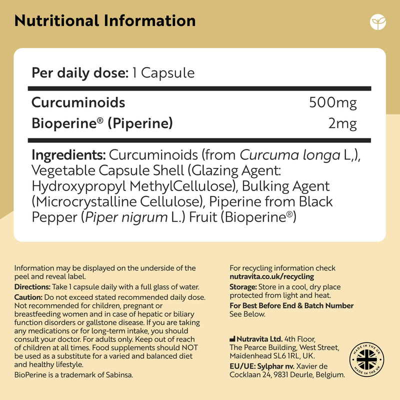 Nutravita Premium Curcumin 95% Curcuminoids with Bioperine® Black Pepper Extract - 120 High Strength Vegan Curcumin Capsules - Turmeric Tablets Alterative - Turmeric Supplement to Enhance Absorption 500mg Circumin + 2mg Bioperine