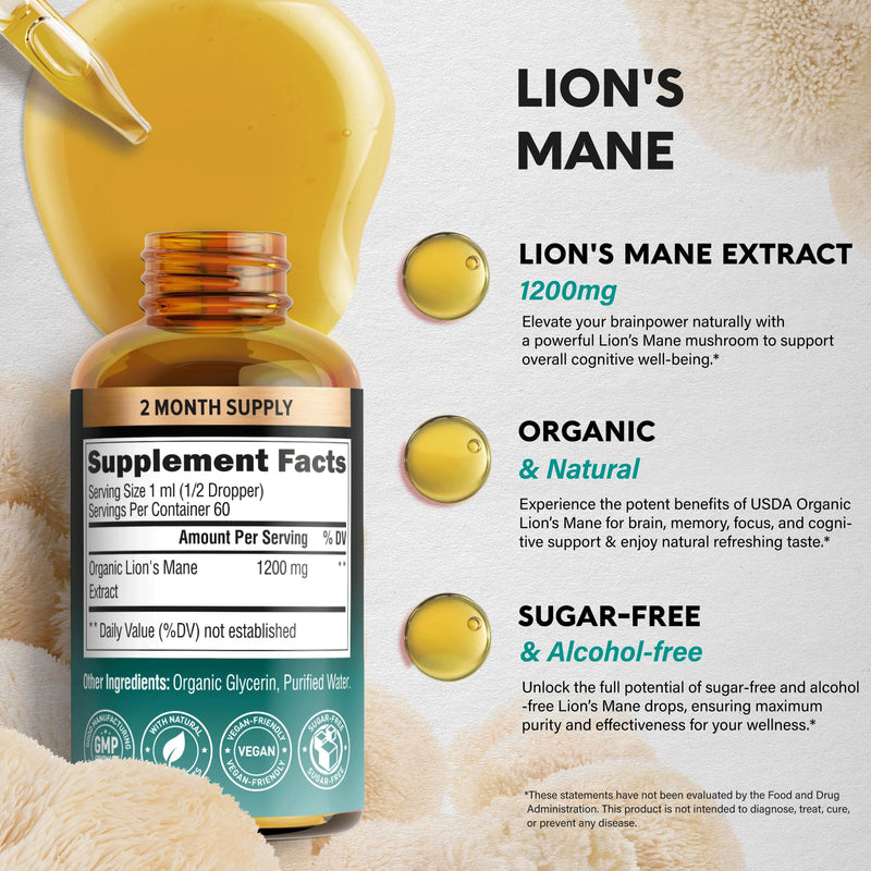 [Australia] - Lions Mane Liquid - USDA Certified Organic Lions Mane Supplement - Brain Support, Energy, Memory & Focus - Sugar & Alcohol-Free Lion's Mane Mushroom Extract 72,000 mg / Bottle, 2 Fl OZ, 2 Month Supply 2 Fl Oz (Pack of 1) 