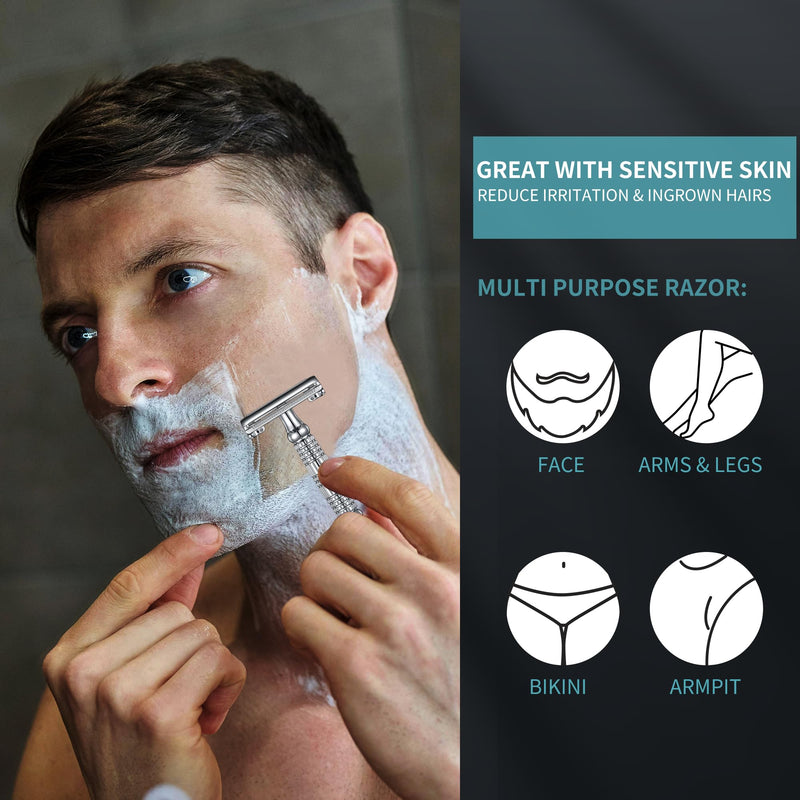 Gearhub Butterfly Double Edge Safety Razor Reusable Stainless Metal Wet Shaving Razor with 10 Swedish Platinum Blades for Men Women Barber Bikini Armpit Hair GR179 Butterfly Razor (Silver)