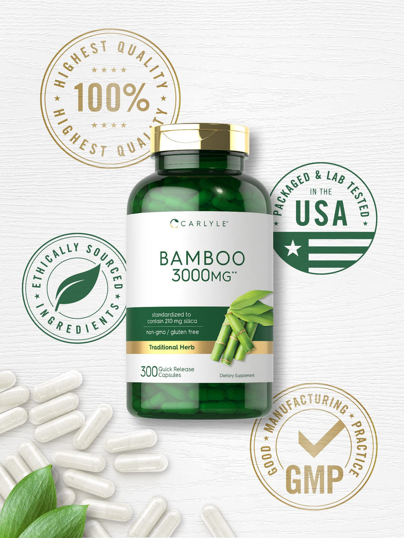 Carlyle Bamboo Extract Capsules | 3000mg | 300 Count | 210mg Silica | Non-GMO, Gluten Free Supplement