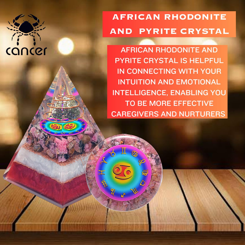 Cancer Zodiac Crystal Pyramid & Palm Stone Set, Natural Pyrite & African Rhodonite Gemstones for Reiki, Yoga, Meditation, Spiritual Practices, Mindfulness, Chakra Decor, Astrology Gift for Men & Women Cancer