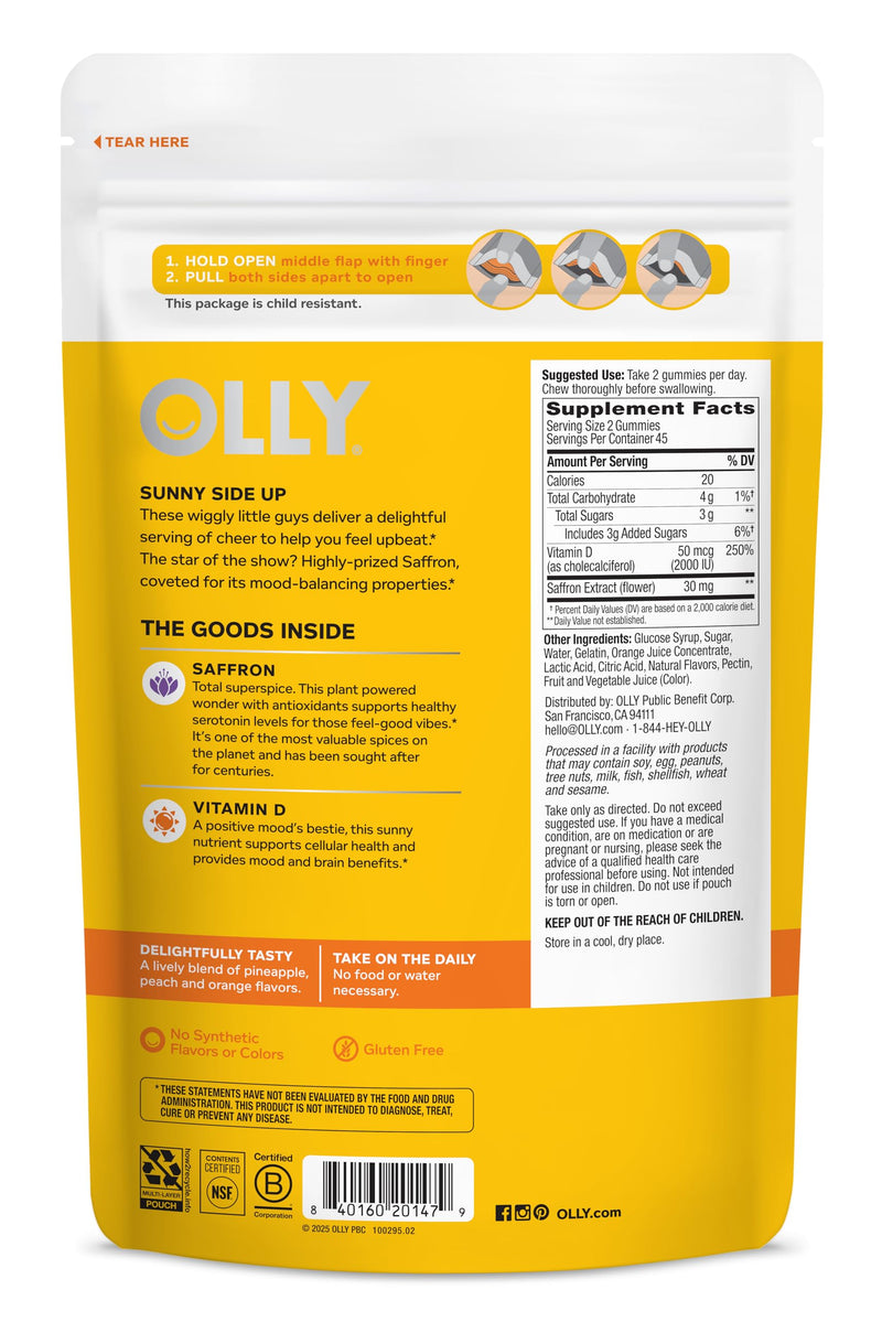 OLLY Hello Happy Gummy Worms,Mood Balance Support,Vitamin D,Saffron,Adult Chewable Supplement,Gluten Free,Tropical Zing -,90 Count (Pack of 2) 90 Count (Pack of 2)