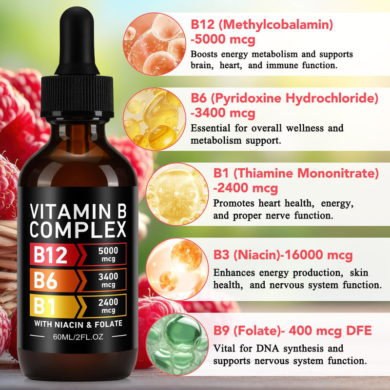 YLXYZUAD Vitamin B Complex Liquid Drops - Vitamin B12 5000mcg | B1, B3, B6, B9 | Niacin & Folate | 60ml (2 Fl Oz)