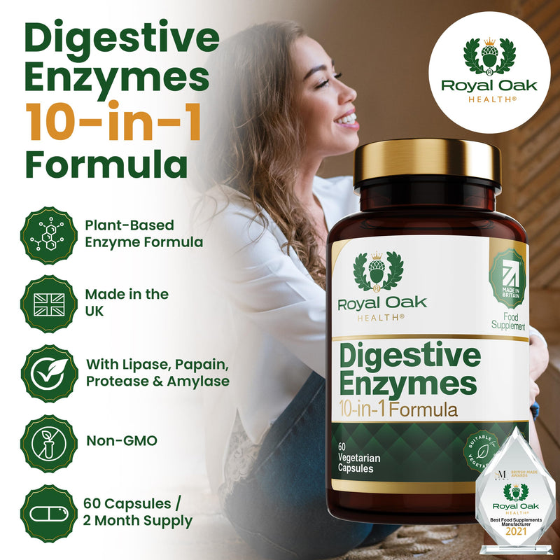Digestive Enzymes - Broad Spectrum 10 in-1 Formula - with Amylase, Protease, Lipase, Papain & Bromelain - 60 Vegan Capsules, UK Made