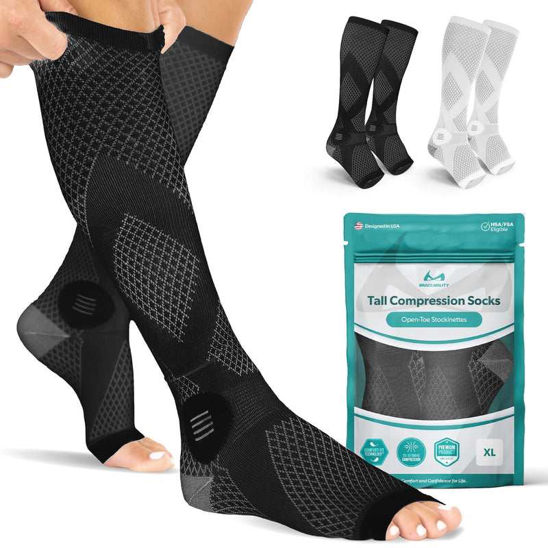[Australia] - BraceAbility Compression Socks for Circulation - 20-30 mmHg Knee High Neuropathy Open Toe Stockings for Varicose Veins, Swelling, RLS, Medical Toeless Support for Men or Women - 1 Pair (M - Black) Medium Black - Open Toe 