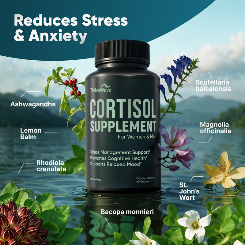 [Australia] - Cortisol Supplements for Women & Men - Bacopa Monnieri, Lemon Balm, Ashwagandha with 5 HTP, GABA, L-Theanine Supplement - Stress & Mood Support for Adults - Happy Pills for Nerve Calm - 60 Capsules 