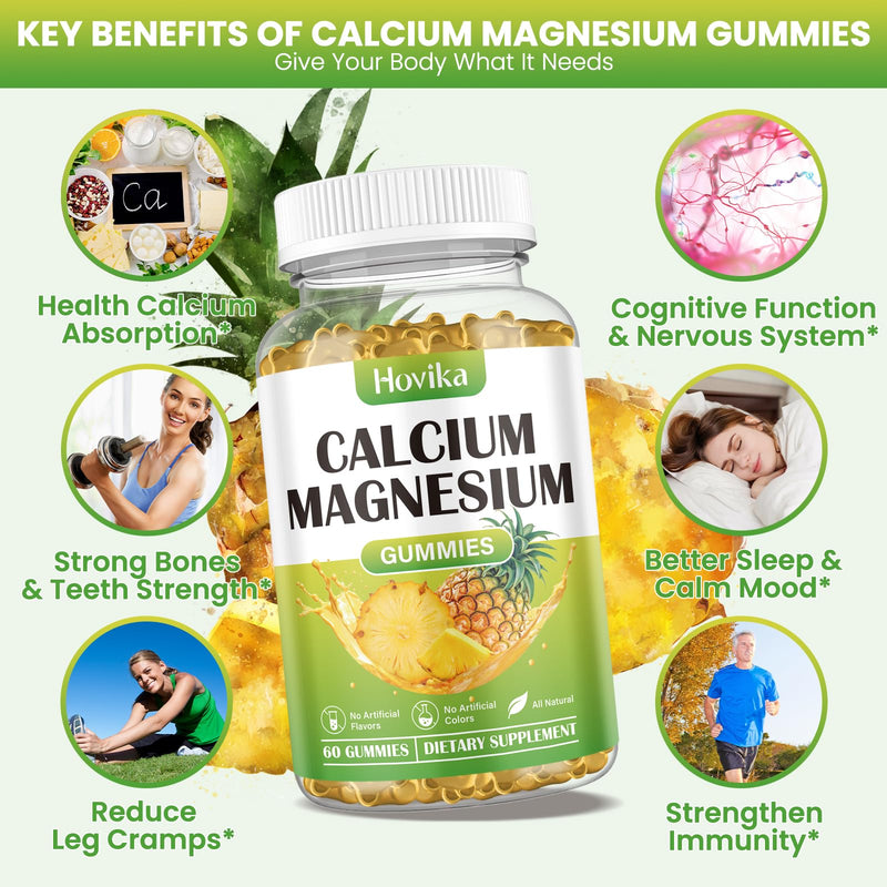Calcium Magnesium Zinc Gummies, Calcium Magnesium 2:1 Ratio with Vitamin D3, K2, B6, B12 for Bone Strength, Muscle Function & Nerve Health, Extra Absorption Formula, Vegan, Pineapple Flavor 60 Gummies 60 Count (Pack of 1)