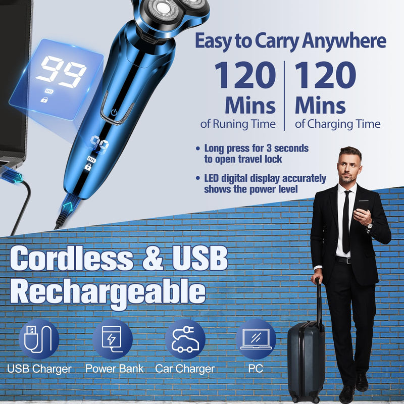 Electric Razor for Men, Shaver for Men Face,Waterproof Wet Dry Electric Shavers LED Display Cordless with Rechargeable Nose Hair Trimmer and Beard Trimmer,Prtable Travel Men's Razors Led Blue