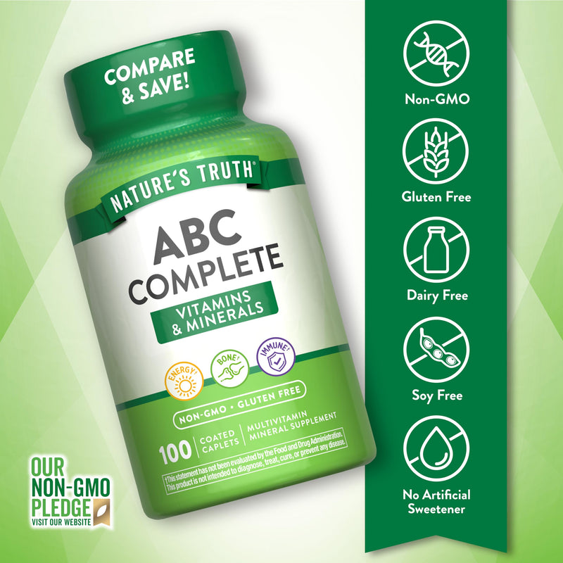 Nature's Truth ABC Complete Multivitamin Supplement for Men and Women | Daily Multivitamin | 100 Caplets | Non-GMO & Gluten Free