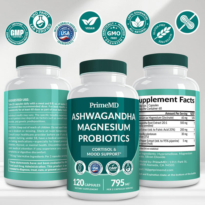 [Australia] - 5-in-1 Cortisol Supplement for Women and Men with Ashwagandha for Calmness, Focus, and Adrenal Support Supplements with Shilajit Extract, Magnesium Glycinate, Probiotics (120 ct) (Pack of 1) 120 Count (Pack of 1) 