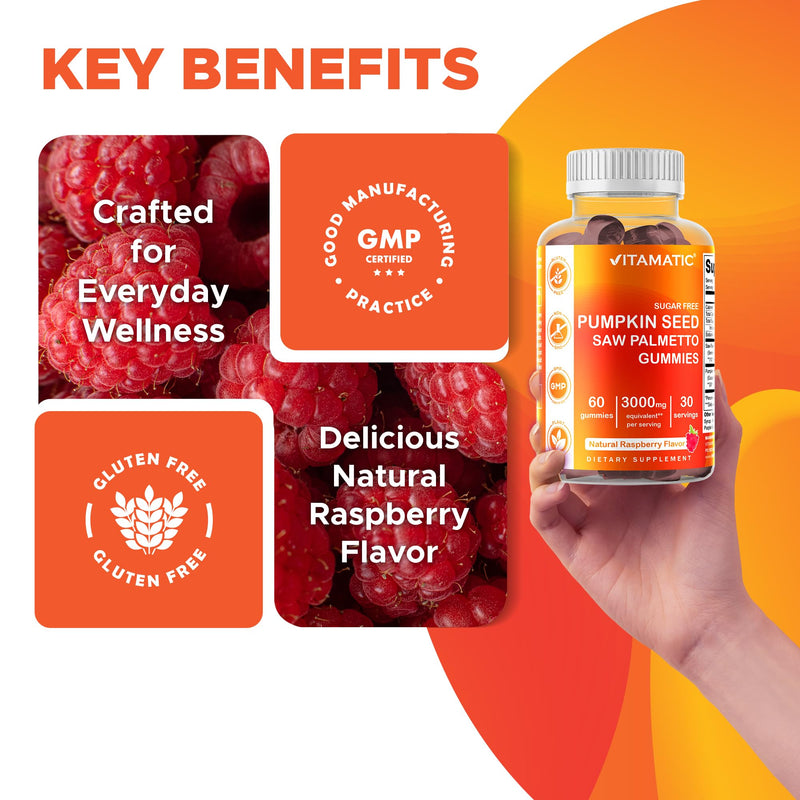 [Australia] - Vitamatic 2 Packs Sugar Free Pumpkin Seed Gummies- 3000 mg Equivalent Per Serving (from 20:1 and 10:1 Extract 200 mg) - Made with Saw Palmetto - Natural Raspberry Flavor - 60 Count 