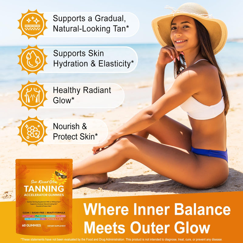 Tanning Gummies with Astaxanthin - Advanced Formula with L-Tyrosine, Beta-Carotene & Vitamins for a Sun-Kissed Glow*- Vegan, Watermelon Flavour, Sugar-Free - 60 Gummies (1-2 Month Supply)