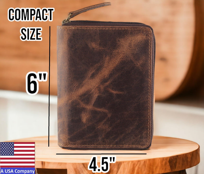 Passport Wallet - Travel Document Holder w/RFID Blocking – Full Grain Leather – Bifold compact zip around Wallet with Credit Card Slots for Women and Men,distressed brown,500-30 distressed brown Solid