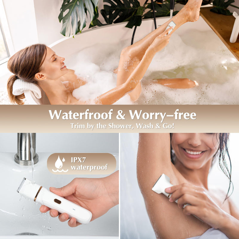 [Australia] - Electric Bikini Trimmer for Women - 5 in 1 Rechargeable Electric Razors for Women, IPX7 Waterproof Pubic Hair Trimmer, Painless Womens Body Shaver, Facial Razor & Nose Hair Shaver, White 
