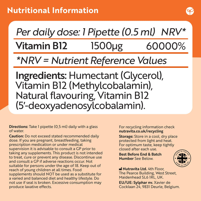 Nutravita Vitamin B12 Drops - 60ml - Vegan Vitamin B 12 Coenzyme Liquid - Natural Cherry Flavour - VIT B12 Liquid Drops - B Complex Methylcobalamin & Adenosylcobalamin - Brain, Heart & Energy