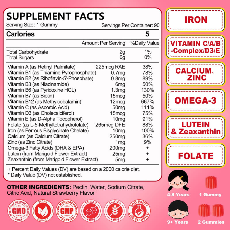Iron Gummies for Kids with Vitamin C, Immune, Blood Builder & Energy, 180Ct | Kids Multivitamin with Calcium, Zinc, Folate, Iron Deficiency, Anemia & Brain Health, Vegan, Non-GMO, Strawberry Flavor 90 Count (Pack of 2)