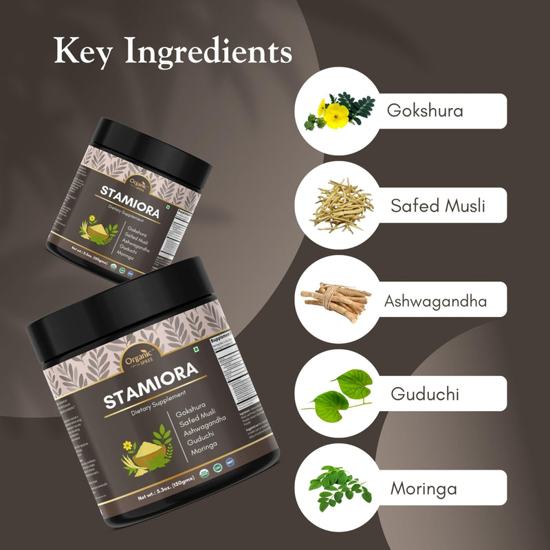 Organic Spree Stamiora Powder – 150 g (5.3 oz) | USDA Organic Certified | Ayurvedic Herbal Blend of Gokshura, Safed Musli, Ashwagandha, Guduchi & Moringa