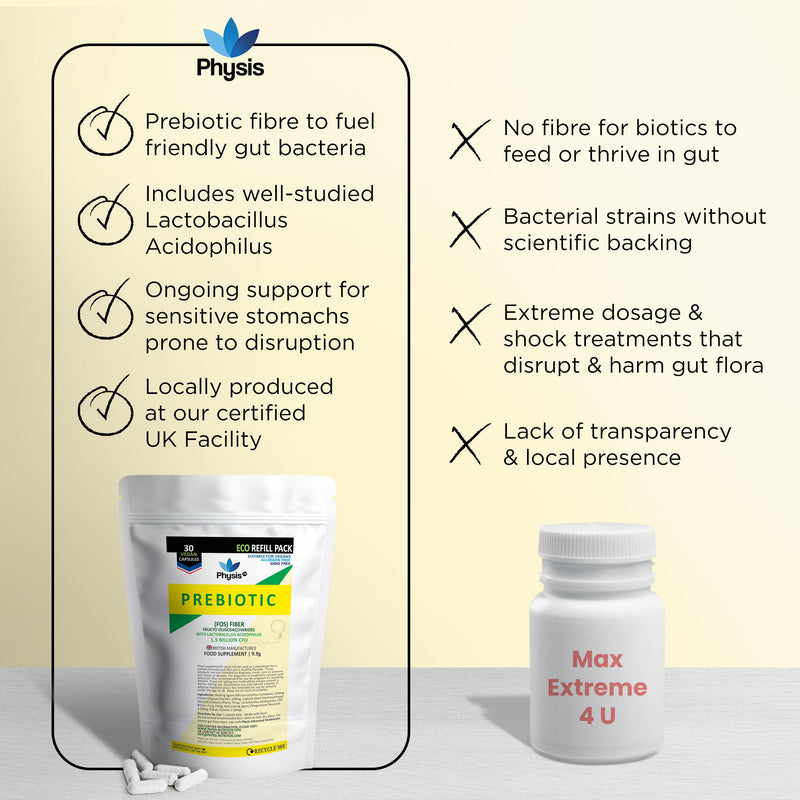 Physis Bio Cultures Blend Prebiotics | 30 Capsules | Pre and Probiotics for Gut Health | Bio Cultures Complex for Improved Digestion | Concentrated Lactobacillus Acidophilus Probiotics | Refill
