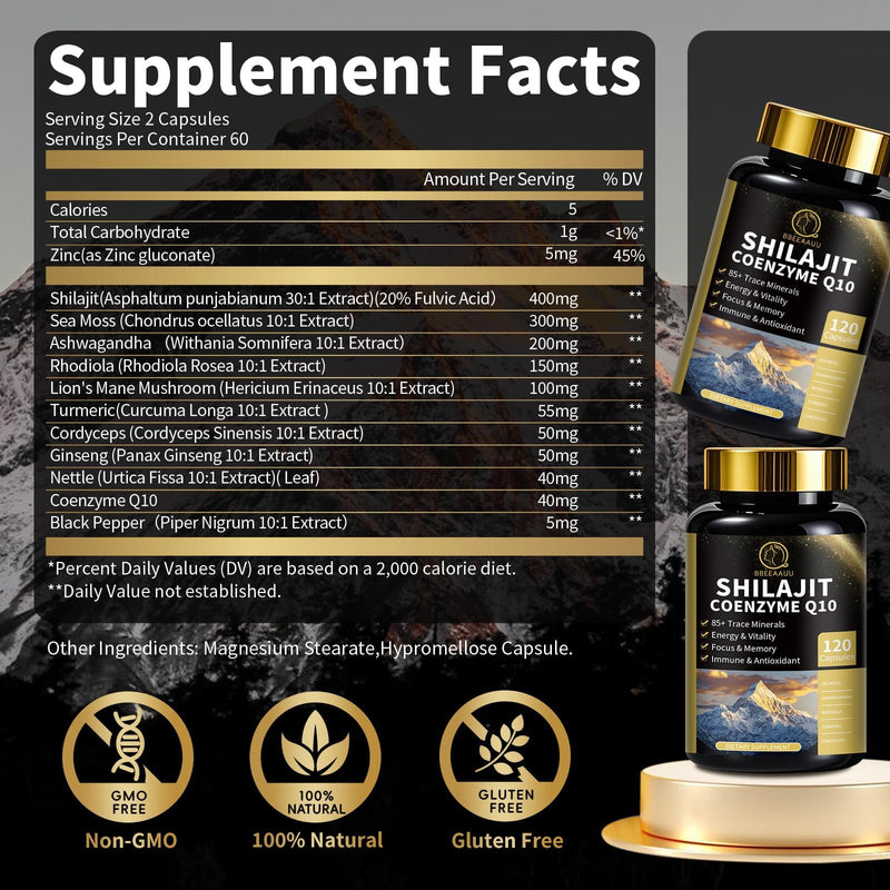[Australia] - Shilajit for Men with Sea Moss & Ashwagandha,12 in 1 Himalayan Shilajit Supplements Capsules with Coenzyme Q10, Fulvic Acid & Humic Acid, Lion's Mane, Support Energy & Immunity, 120 Counts 120 Count (Pack of 1) 