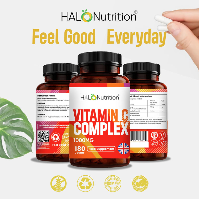 Vitamin C 1000mg per Tablet, High Strength 180 Premium Tablets, Food Supplement, 6 Month Supply - Vegan - Halal Vitamins - Made in UK - By Halo Nutrition