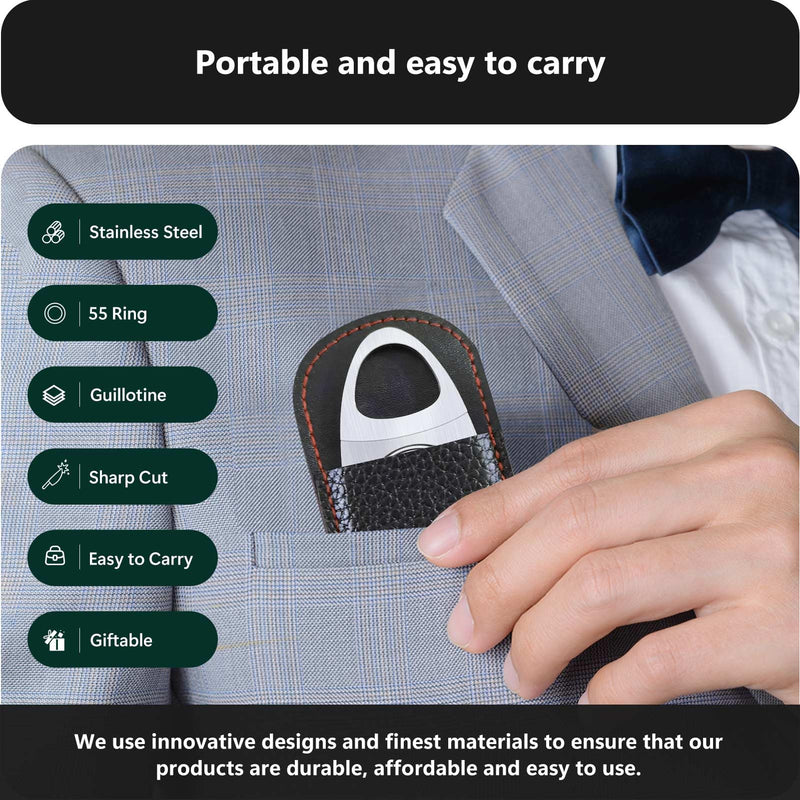 [Australia] - roygra Cigar Cutter with Leather Protector, Stainless Steel Double Blade Guillotine (Silver) Silver 