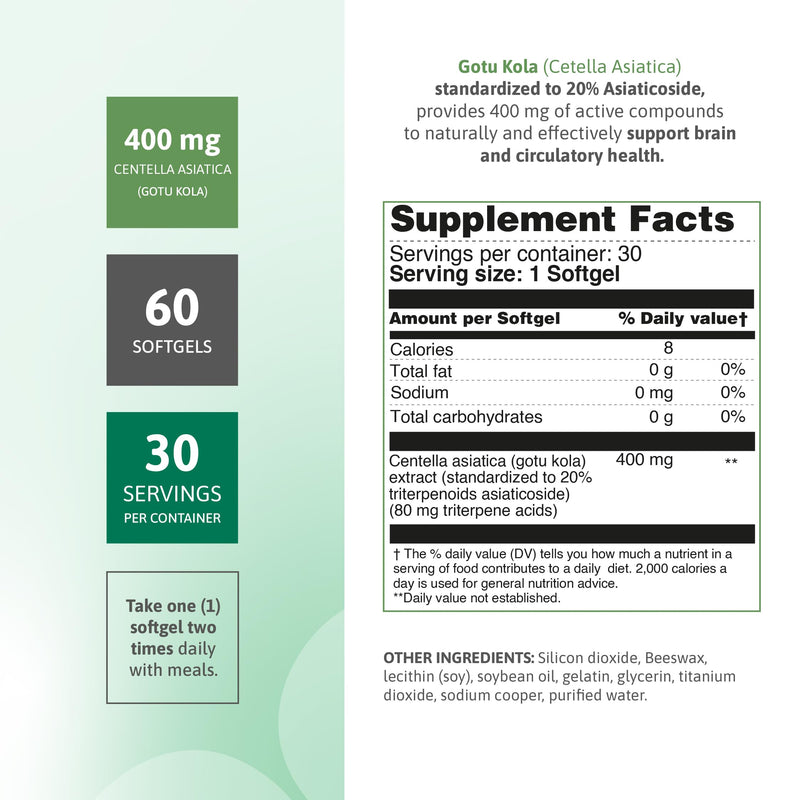 [Australia] - Gotu Kola 400mg ‚Äì Standardized Centella Asiatica Extract with 20% Asiaticosides ‚Äì Promotes Cognitive Support, Brain Health & Focus ‚Äì 60 Softgels ‚Äì Non-GMO, Gluten-Free Formula 