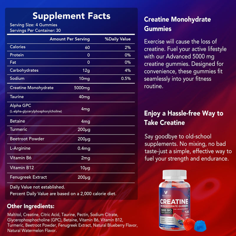 Creatine Monohydrate Gummies 5000mg, 10-in-1 Formula with Taurine, B12, B6 & Beetroot, Muscle Growth, Energy & Focus, Vegan Sugar-Free Pre Workout for Men & Women, 120 Blueberry & Watermelon Gummies