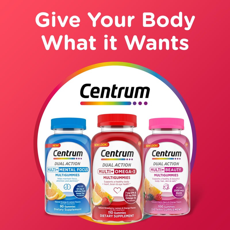 Centrum MultiGummies Multi+ Omega 3, Assorted Fruit Flavors, 110 Count | Supports Heart Health, Normal Brain Function, Eye Health, Daily Energy Needs and Normal Immune Function, GLP-1 Support New 110 Count (Pack of 1)