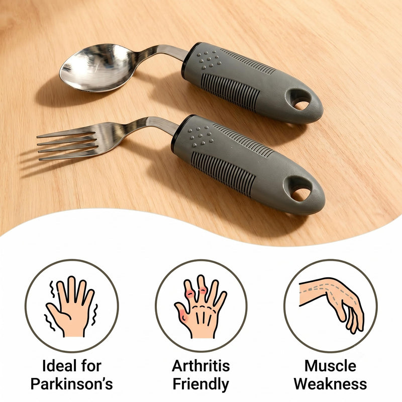 3 Pcs Right Handed Adaptive Cutlery for Adults, Angled Spoon and Fork with Fixing Strap - Easy Grip Disabled Cutlery for Arthritic Hands, Parkinson’s, Hand Tremors & Elderly