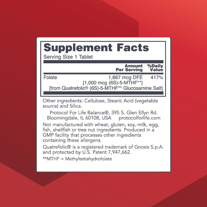 PROTOCOL FOR LIFE BALANCE 5-Methylfolate 1,000 mcg, Brain, 90 Tabs | Superior Methyl Folate Bioavailability, for Brain Support*, Folate Supplement for Women and Men, Kosher and Vegan 90 Count (Pack of 1)