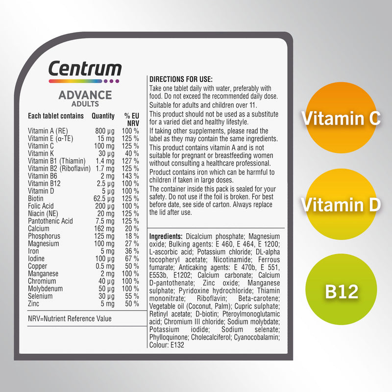 Centrum Advance Multivitamin & Mineral Supplements, 24 essential nutrients including vitamin D, C, Calcium, Daily Multivitamin Tablets, 180ct 180 count (Pack of 1)