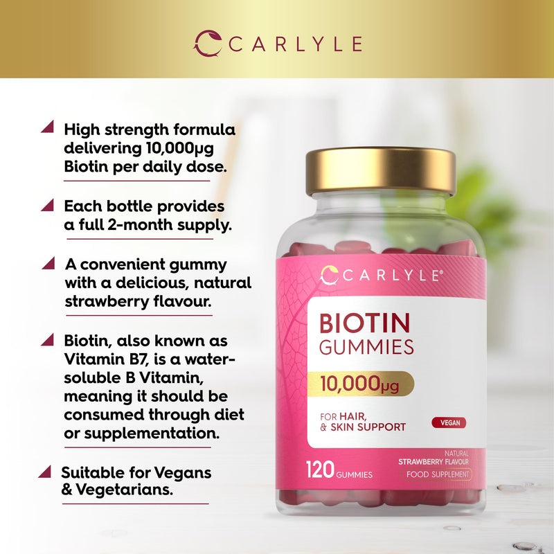 Biotin Hair Growth Gummies 10,000mcg | 120 Count | Vitamin B7 | High Strength Supplement for Hair and Skin Support | Strawberry Flavour | Vegan | By Carlyle