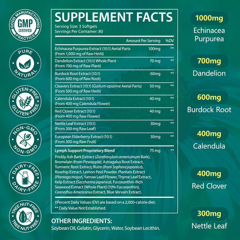 Lymphatic Drainage Supplements, Herbal Blend for Immune and Fluid Health for Men Women,with Dandelion, Burdock Root, Echinacea, Turmeric,240 Softgels for Lymph System Balance (Pack of 1) 240 Count (Pack of 1)