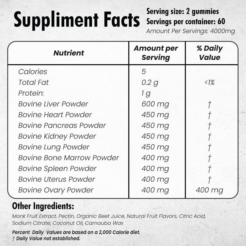 [Australia] - Beef Organ Supplement for Women | Grass Fed Beef Organs Liver Supplement | 9 Nutrient Rich Bovine Organs | Raised on New Zealand & Australian Pastures | No Fillers | Great Taste | 60 Gummies Beef Organ 
