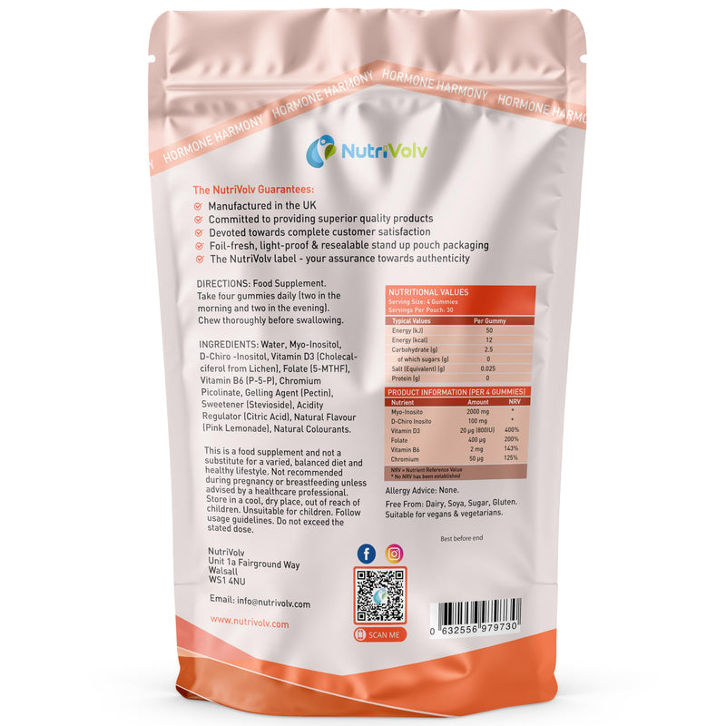 Hormone Harmony Gummies | 120 Vegan Gummies | Myo & D-Chiro Inositol 2100mg, D3, 5-MTHF Folate, P-5-P B6 & Chromium | Mood, Cycle & Hormonal Support for Women | Pink Lemonade | UK Made | by NutriVolv