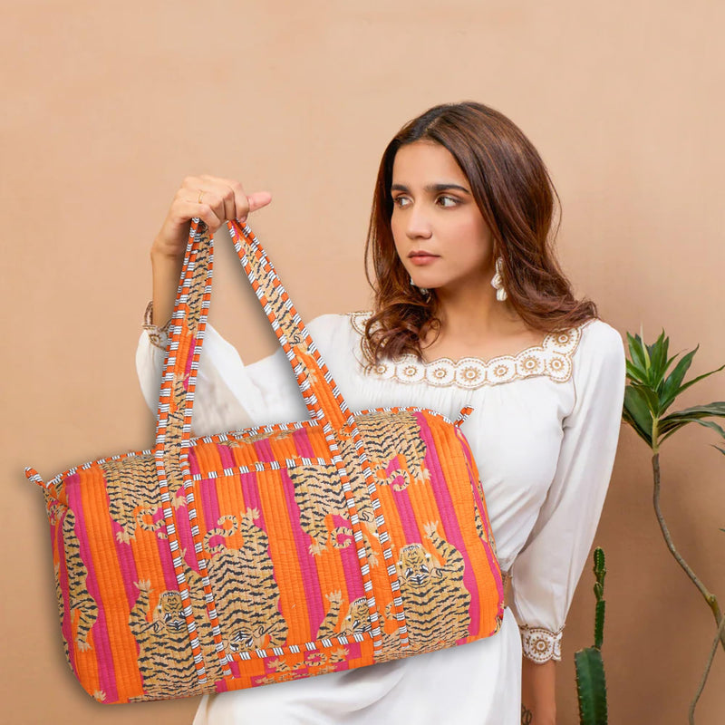 LKGSM Handmade Cotton Quilted Weekender Bag, Floral Indian Print Duffle, Bohemian Overnight Travel Tote for Women, Large Carry-on Luggage, Floral Gym Bag (A) A