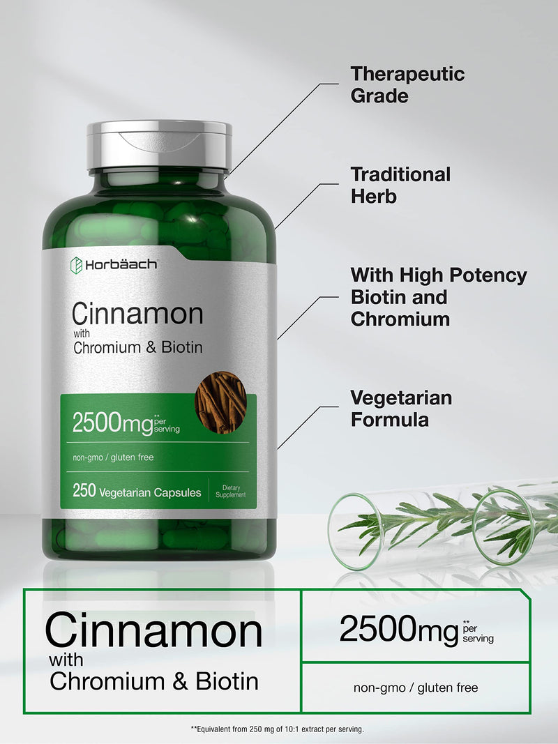 Cinnamon with Chromium Picolinate 2500mg | 250 Capsules | plus Biotin | Vegetarian, Non-GMO, Gluten Free | by Horbaach