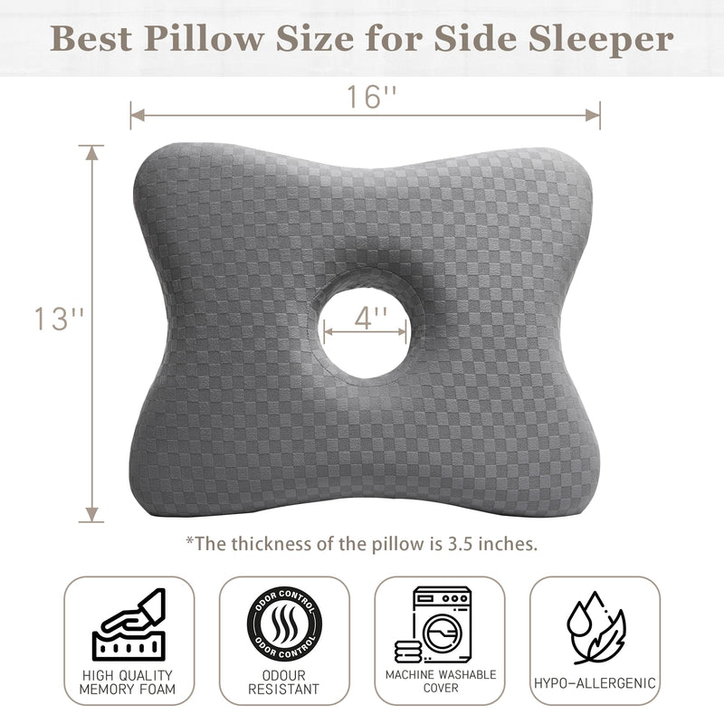 [Australia] - Piercing Pillow | Memory Foam Ear Piercing Pillow for Side Sleepers, Pillow with an Ear Hole for Ear Pain Relief, Ear Guard Pillow, Ear Hole Pillow for Piercings, Earplugs, and Headphones (Light Grey) Light Grey 