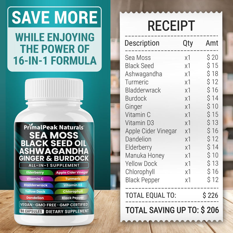 Sea Moss Black Seed Oil Ashwagandha Ginger Burdock Bladderwrack Turmeric & Vitamin C Vitamin D3 with ACV Elderberry Chlorophyll Dandelion Yellow Dock Vegan Capsules - 120 Count 60 Count (Pack of 2)