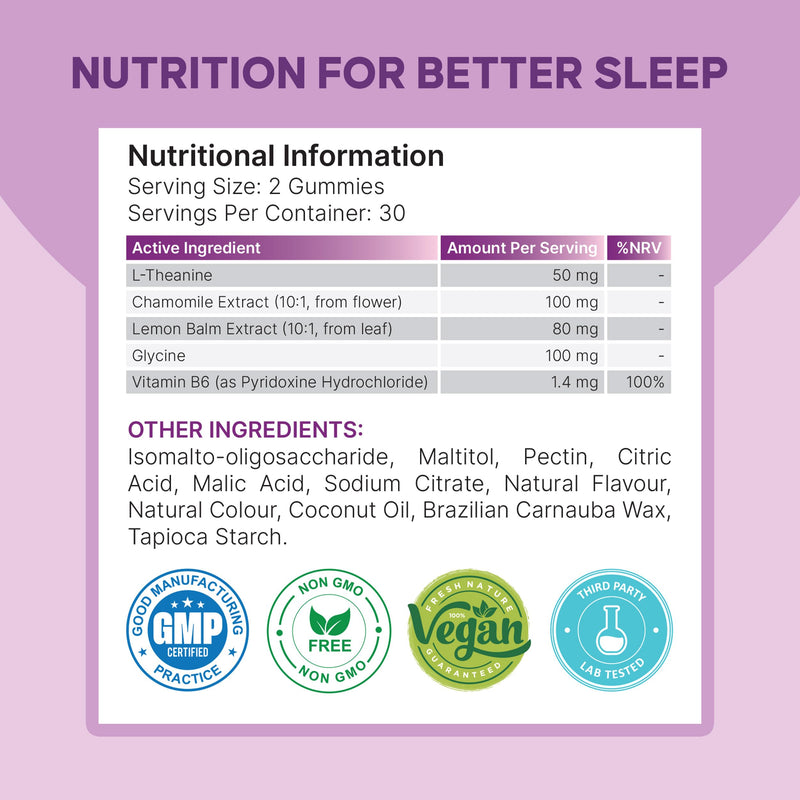 Natural Sleep Support for Men & Women – Supports Calm Mood, Relaxation & Restful Sleep – 60 Vegan Gummies - with L-theanine, Chamomile Extract, Lemon Balm Extract, Glycine and Vitamin B6