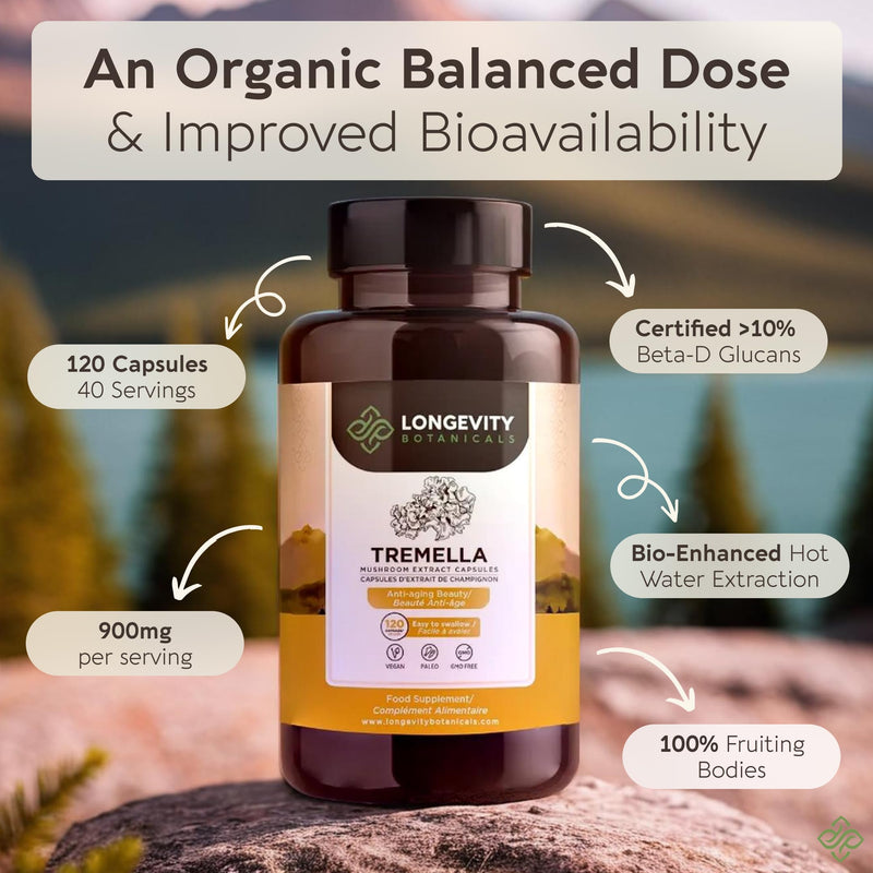 Tremella Mushroom Capsules Supplement (120) | Fruiting Body 10:1 High Strength Snow Fungus Extract | 10% Beta-D Glucans | 9 000mg Raw Equivalent Per Serving | No Fillers | Skin Hair & Brain Support Tremella Capsules 120