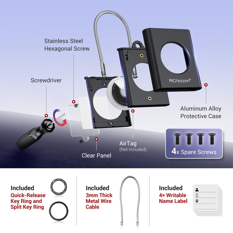PROfezzion Luggage Tag AirTag Holder with Wire Cable Key Rings for Travel + Metal AirTag Holder for Luggage